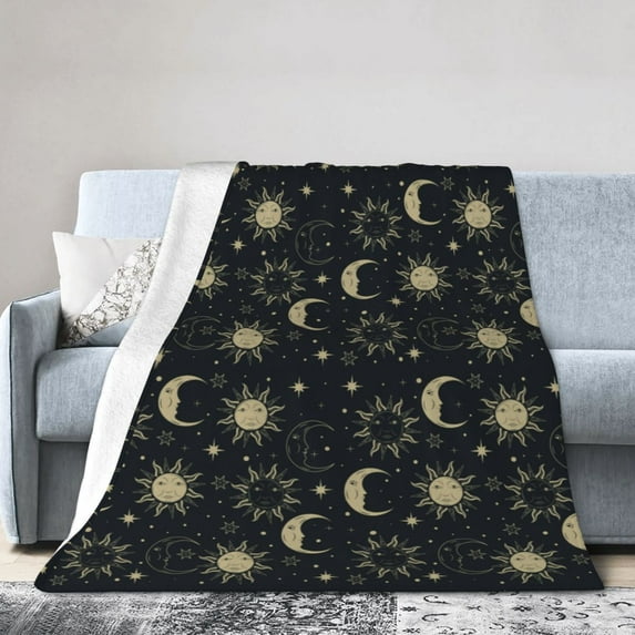 DouZhe Ultra-Soft Micro Fleece Lightweight Flannel Bed Blanket, Cartoon Sun Star Moon Blue Print Cozy Warm Throw Blankets, 60"x50"