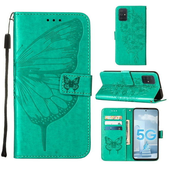 Galaxy A51 (5G) Phone Case, Dteck Embossed Butterfly PU Leather Wallet Foilo Case Stand Protective Cover with Hand Strap [Built-in card slots/money pocket] for Samsung Galaxy A51 5G, Green