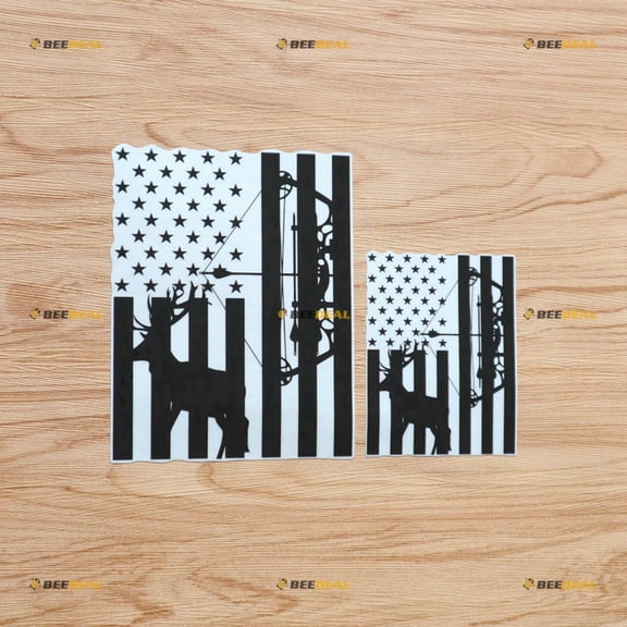 American Flag Deer Hunting Bow Hunter Car Truck Bumper Sticker Decal Vinyl - 2 Pack Reflective, 4 Inches, 6 Inches - White Background
