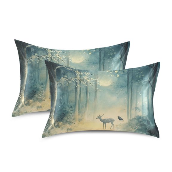 Yayeee Pillowcase Standard Size Set of 2 Satin Wrinkle Resistant Pillow Case, Night Forest Scene