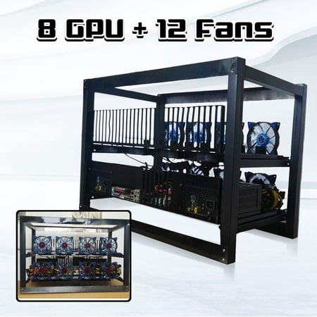 8 GPU Aluminum Crypto mining Open Air Mining Miner Frame Rig Stackable Case with 12 LED Fan for Power Supply