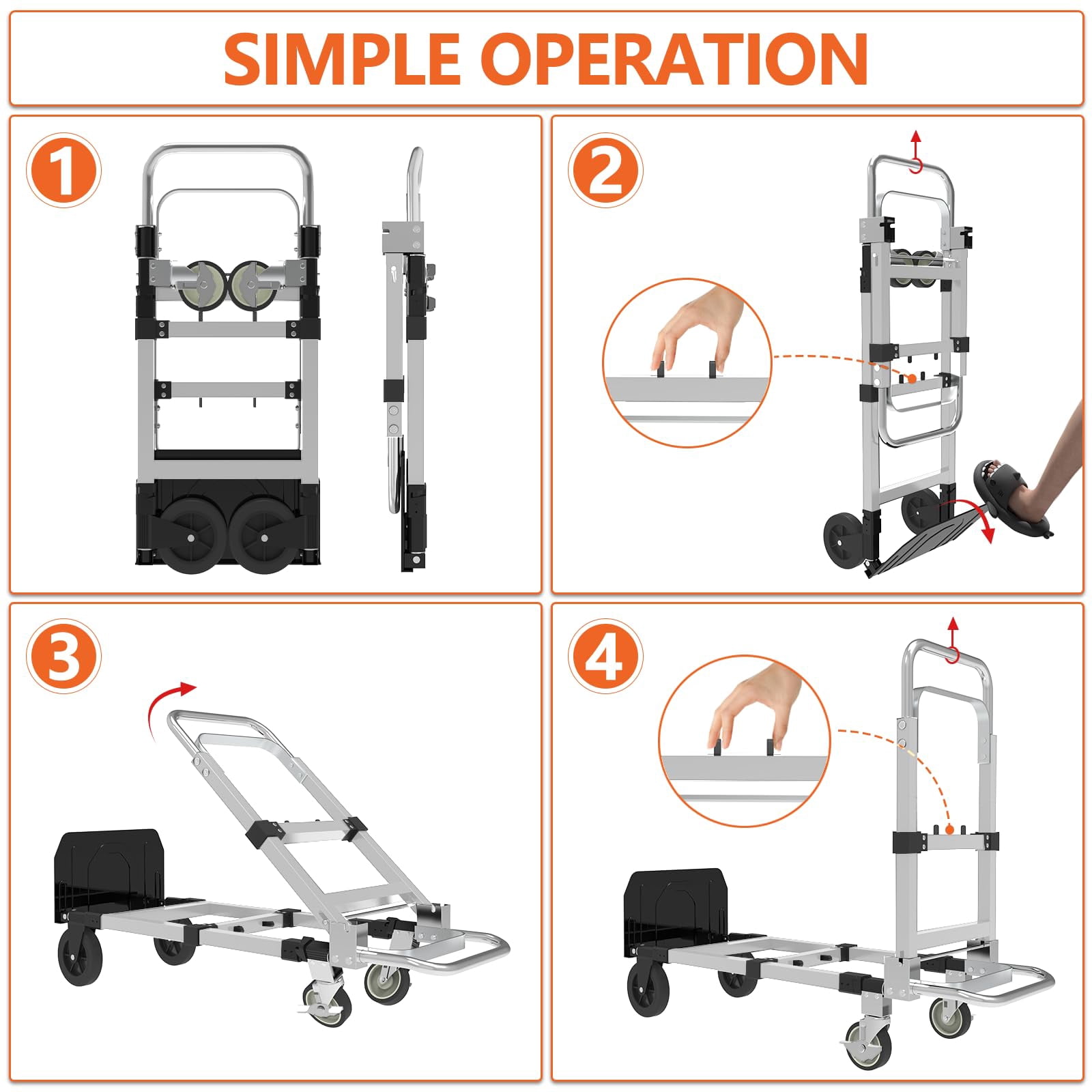 3-in-1 Heavy Duty Folding Dolly, Convertible Hand Truck Portable Steel with Telescopic Handle & Dolly Cart with Rubber Wheels, 580LB Capacity,Silver