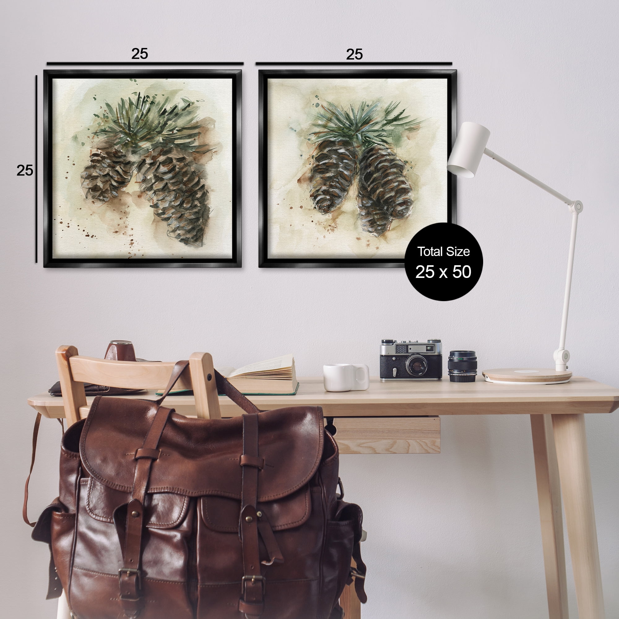 Stupell Industries Watercolor Drawing Pine Cones Plants & Flowers Painting Black Floater Framed Canvas Art Print Wall Art, 25 x 25, Set of 2