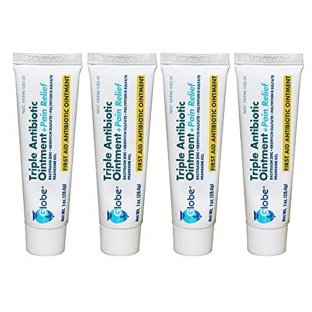 GLOBE Triple Antibiotic + .. Pain Relief Dual Action .. Ointment 1oz, First Aid .. Antibiotic, Soothes Pain, Cuts, .. Burns and Scrapes, 24 .. Hour Infection Protection (4 .. Pack)