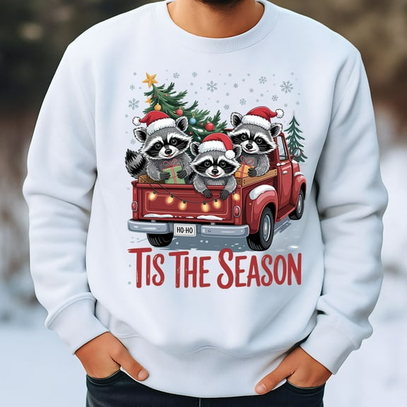 Raccoon ’Tis the Season Christmas Sweatshirt – Cute Holiday Animal Sweater, Festive Red Truck Winter Pullover, Cozy Christmas Gift