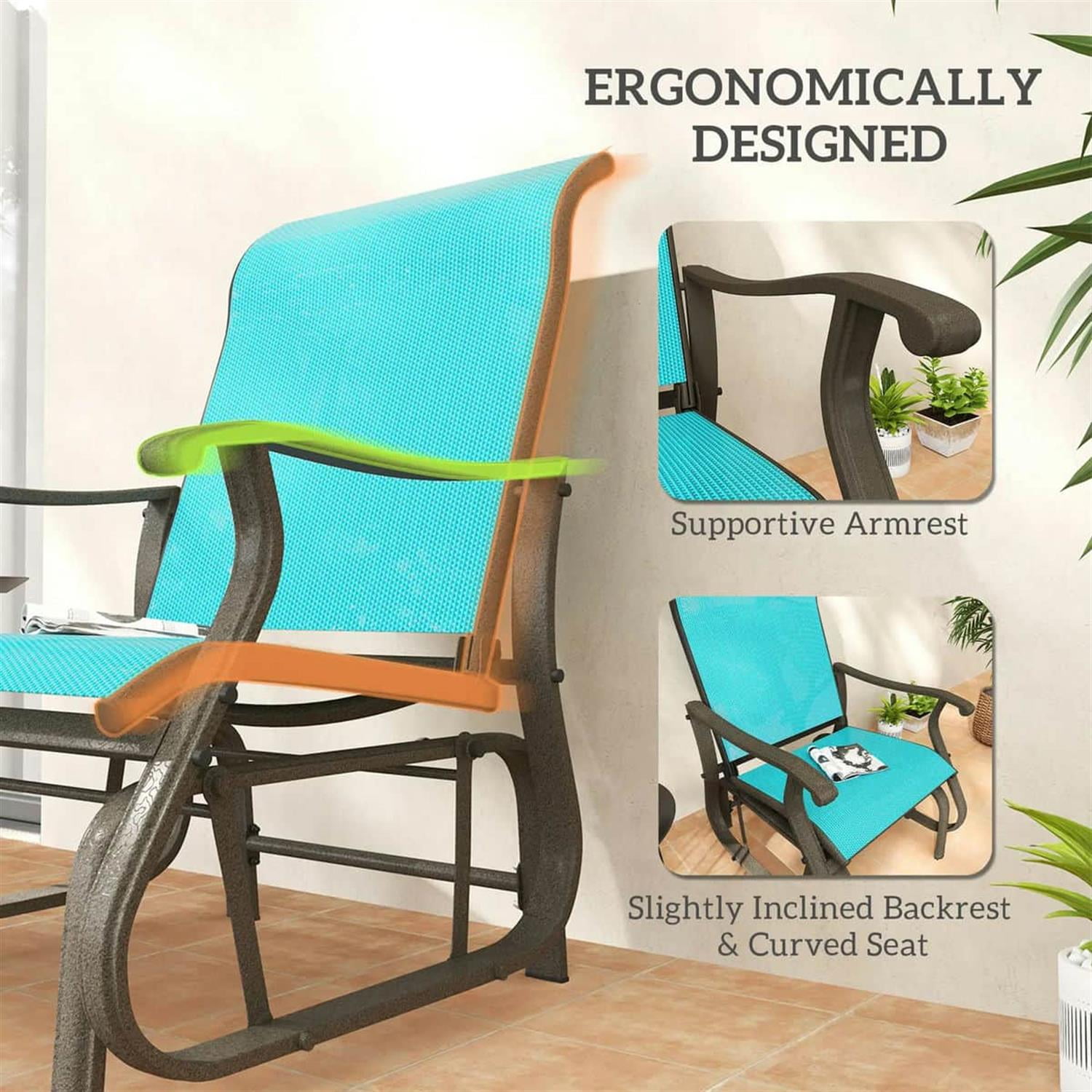 Demi Bonn 38" Outdoor Swing Chair with Mesh Seat, Steel Frame, Patio Glider for Backyard, Garden, Porch, Comfortable Relaxation, Blue