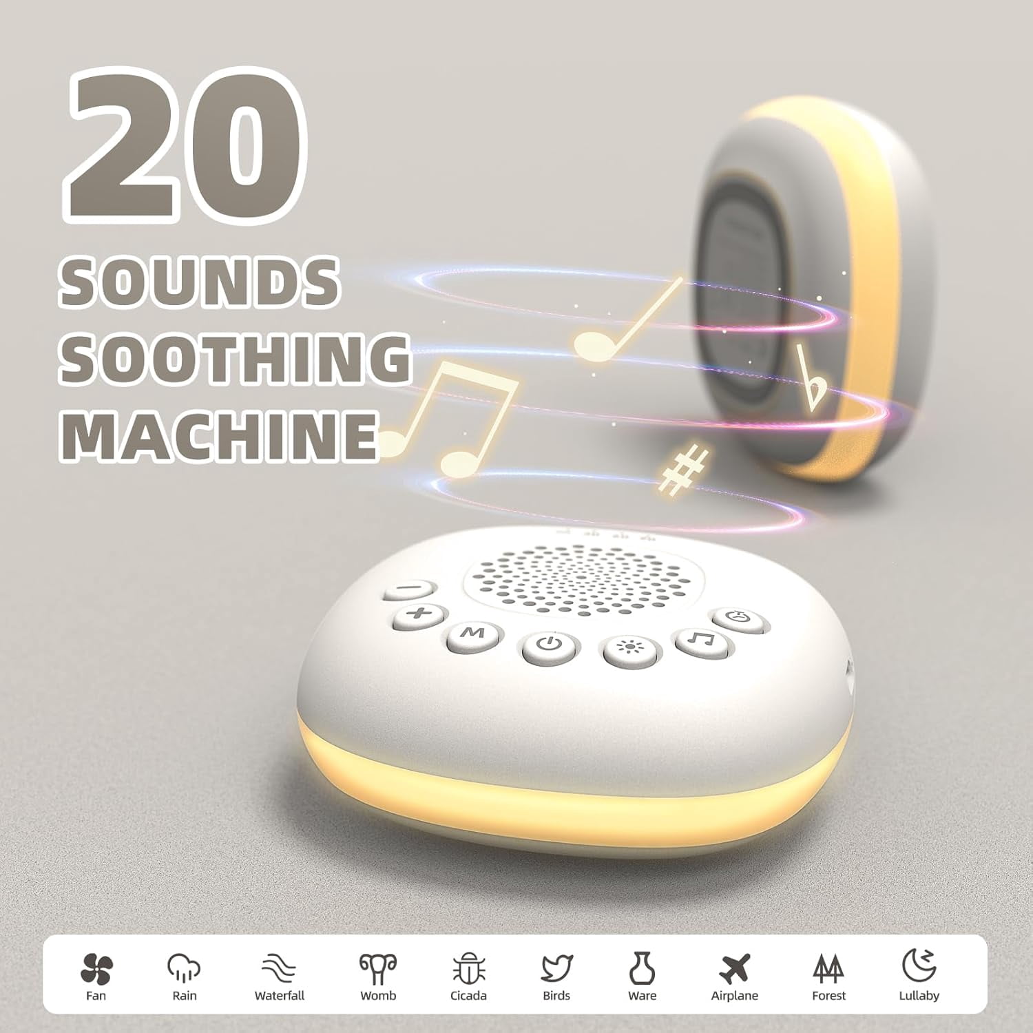 White Noise Sound Machine, Portable Sound Machine for Sleep Baby, Kids & Adults, 20 Travel Soothing Sounds Brown/Pink Noise/Lullaby, Rechargeable, Timer, Memory & Night Light for Home, Nursery
