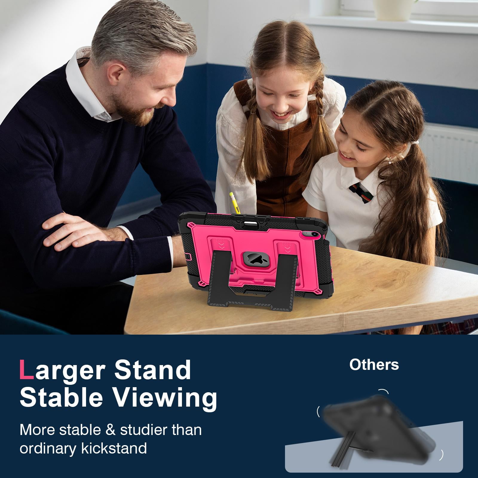 ELEHOLD 3-Layer Rugged Case For Apple iPad Air 11 (2025 / 2024) Heavy Duty Shockproof Cover, [Drop Protection], [Logo Visible], With Kickstand & Pencil Holder & Shoulder Strap, Black+Rose