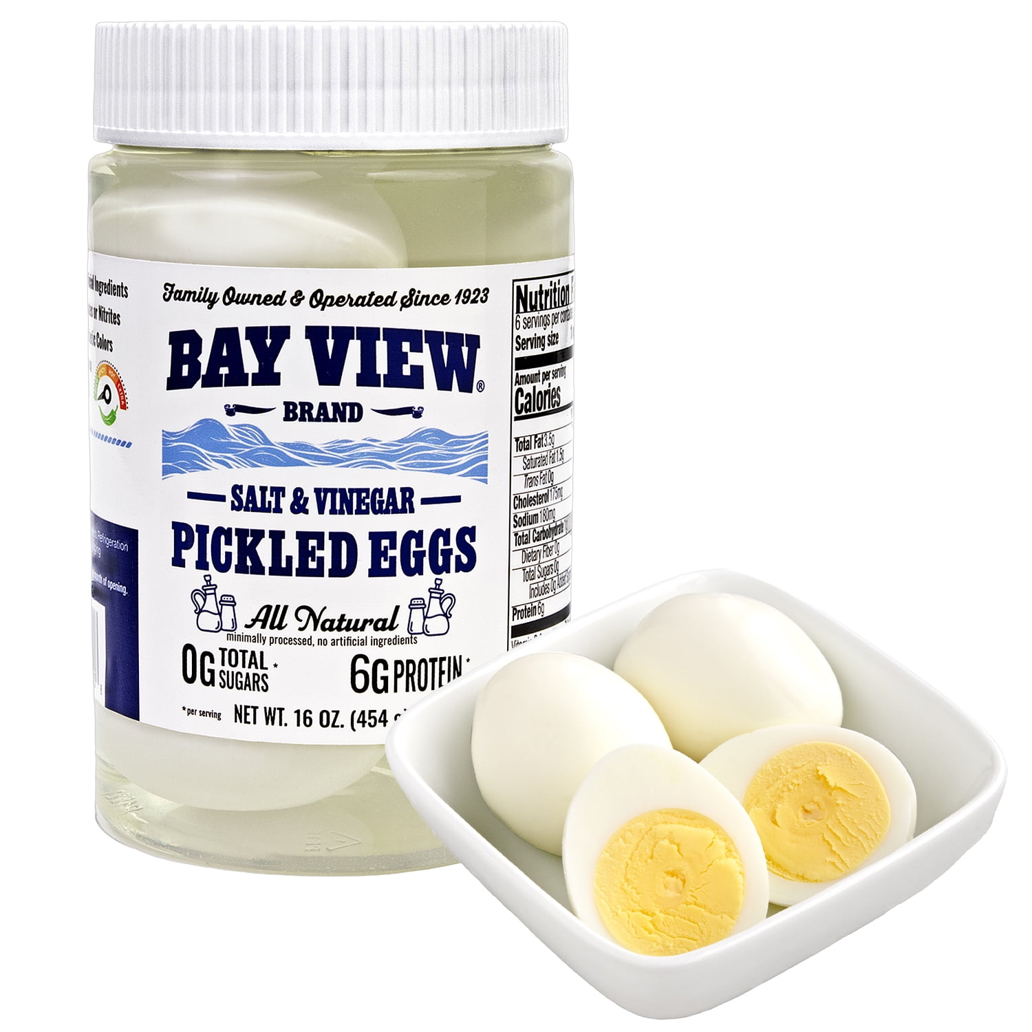 Bay View Pickled Eggs No Artificial Ingredients Gluten-Free 0g Sugar 6g Protein Fresh Grade A Eggs Boiled and Peeled (16oz Salt N Vinegar)