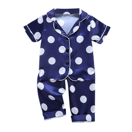 

Girls Pajamas Short Sleeve Dot Print Button Down T Shirt Tops Pants Two Pieces Set Boys Sleepwear Navy 130(4 Years-5 Years)