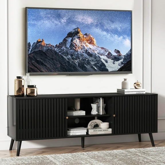 63 "TV Stand for TVs up to 65", TV Cabinet Media Console with Sliding Door, Wood Entertainment Center for Living Room, Black