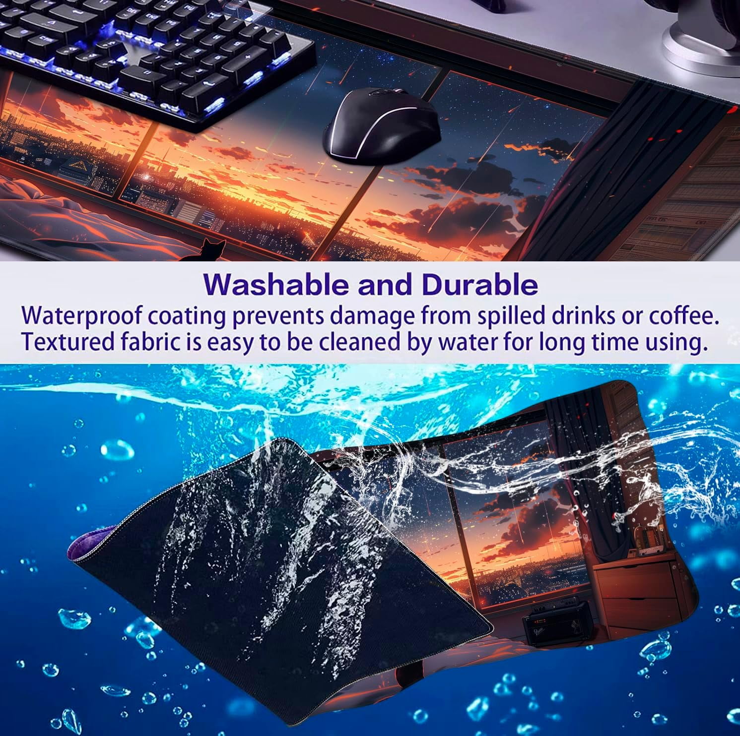 Anime Cat Fantasy Window Mouse Pad, Summer Mouse Pad Large Healing Night Scene, Game Table Pad XL Office Decoration Women''s Laptop Keyboard Pad 35.4 x 15.7 x 0.12 Inches
