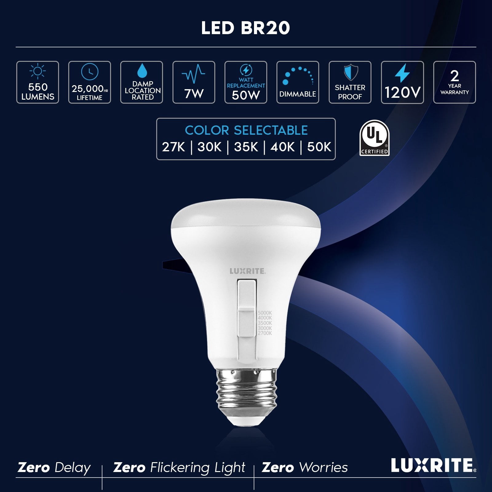 Luxrite BR20 LED Light Bulb 7W=78W 5CCT Dimmable 550 Lumens LED Flood Light Bulb UL Listed E26 Medium Base 12-Pack