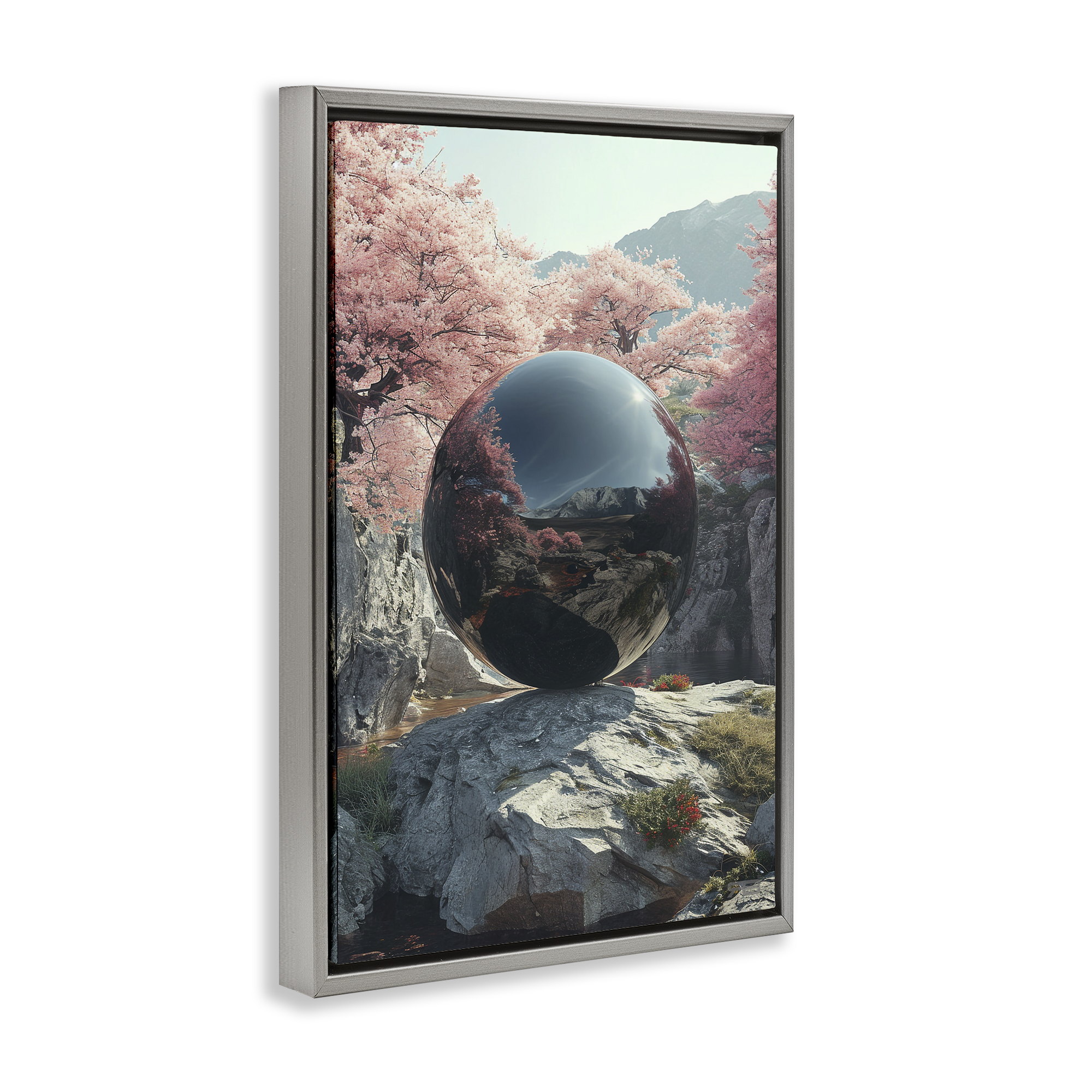 Stupell Industries Surreal Reflective Ball Landscape Painting Gray Floater Framed Art Print Wall Art, 21 x 31
