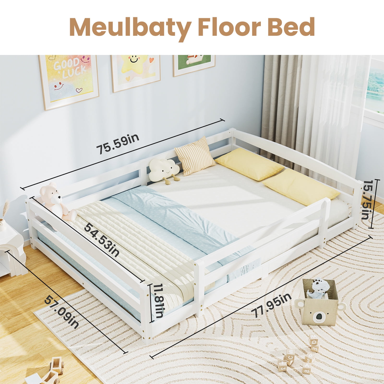 Slsy Full Size Toddler Floor Bed, Solid Wood Montessori Bed Frame with Fence & Door Montessori Floor Bed Crib with Safety Guardrails for Girls and Boys