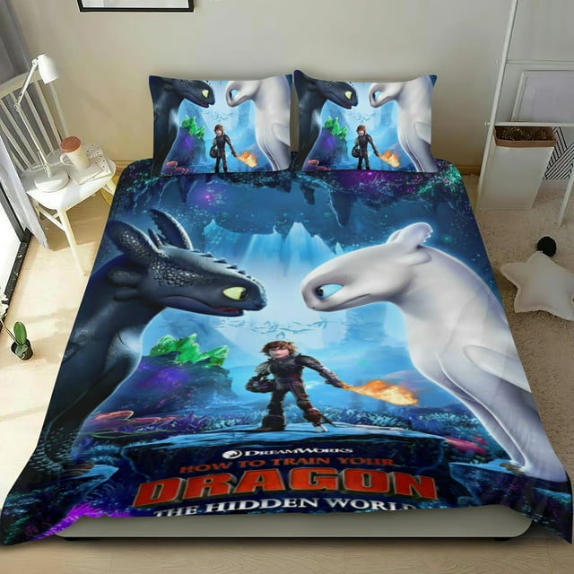 Cómo entrenar a tu dragón Conjunto de sábanas temático, trío de piezas, cómodo y amigable con la piel, diseño único, regalo de decoración para el hogar para familiares, amigos y fans, 90 cm * 190 cm