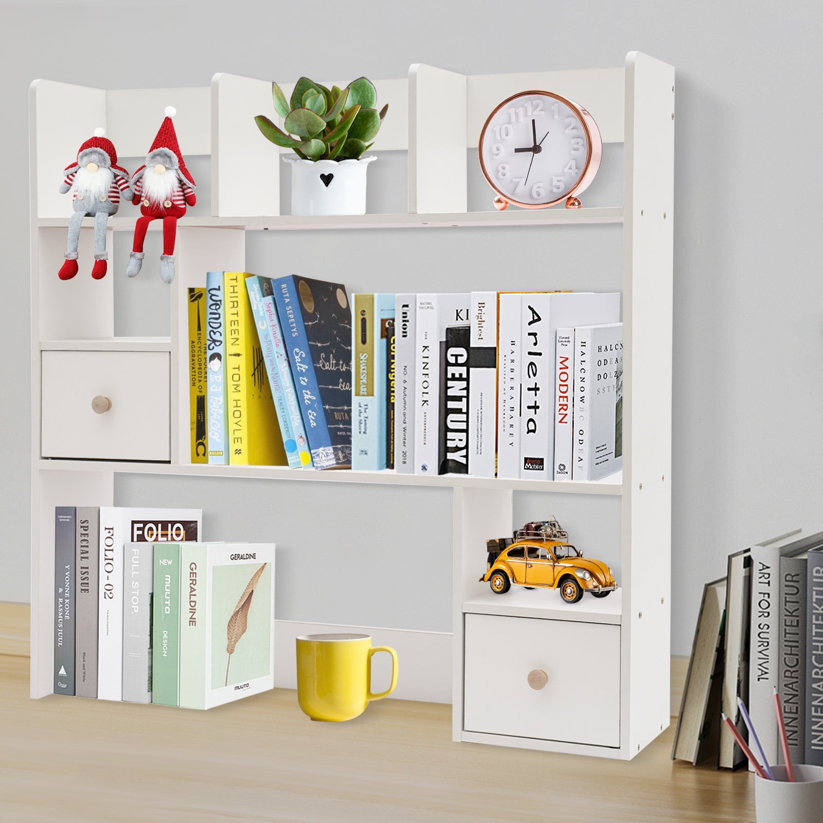 Modern Desktop Storage Organizer Home Office Desktop Bookshelf Holder Computer Rack Desk Organizer for Space Saving (White)