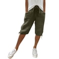 thumbnail image 2 of HKYNLAG Bermuda Shorts for Women Knee Length Cotton Linen Elastic Waist Drawstring Shorts Summer Capris Pants with Pockets Army Green S, 2 of 7