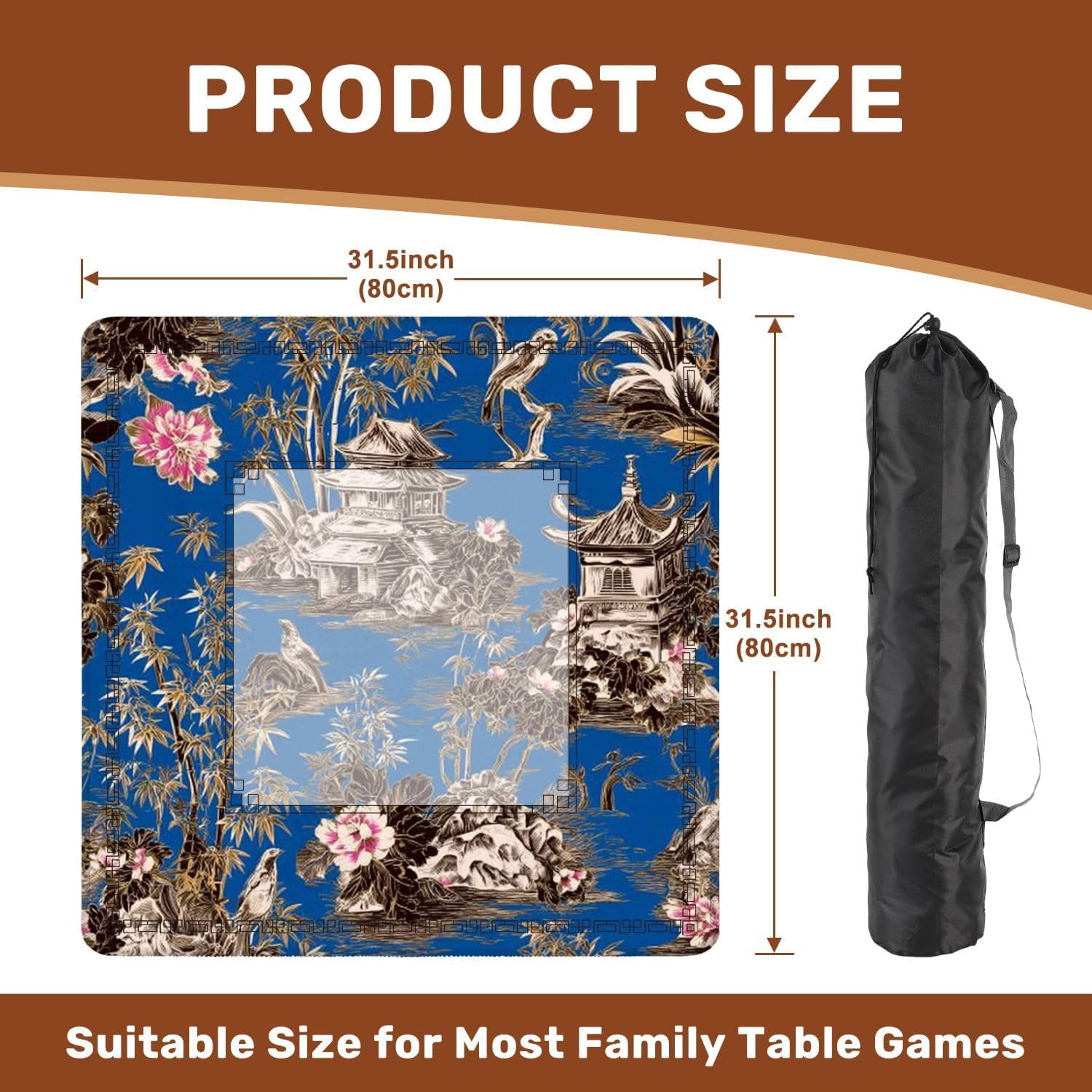 Mahjong Mat 31.5" x 31.5" Seamless Chinoiserie Style for Fabric Interior Design Non-Slip Noise Reduction Mahjong Tiles Table Cover for Dominoes Poker Card Board and Tile Games Gift