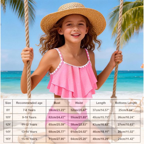 Girls Swimsuit Ruffled 2 Piece Bikini Set Tiered Ruffled Bathing Suit Pink Beach Bikini Beach Set 9-10 Years