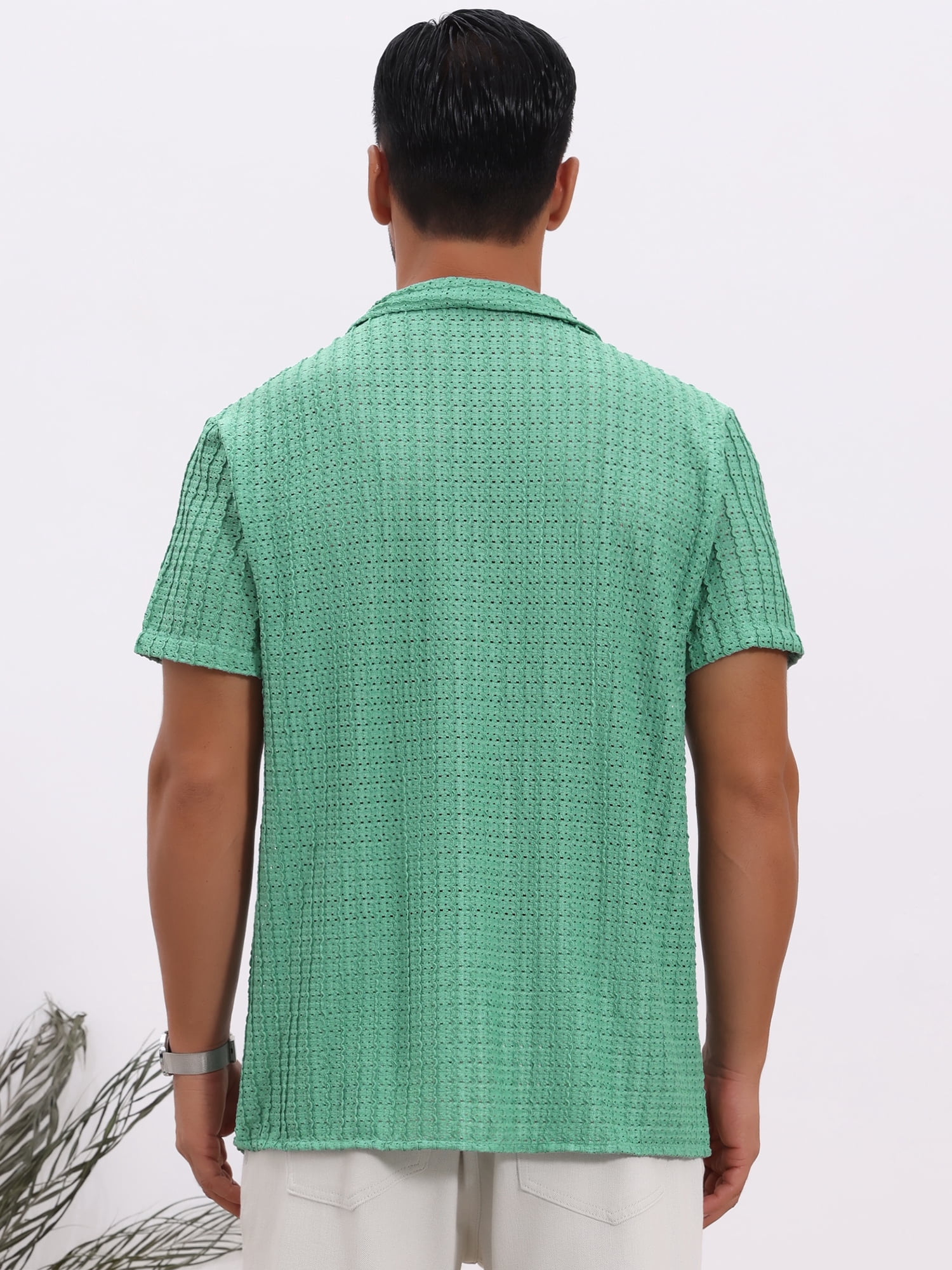 DARING DIVA Men's Casual Knitted Hollow Out Short Sleeve Shirt M Green