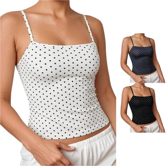 Uobin Women's Polka Dot Crop Tank Top Adjustable Spaghetti Straps Sleeveless Y2K Square Neck Going Out Fitted Basic Camisole Shirt