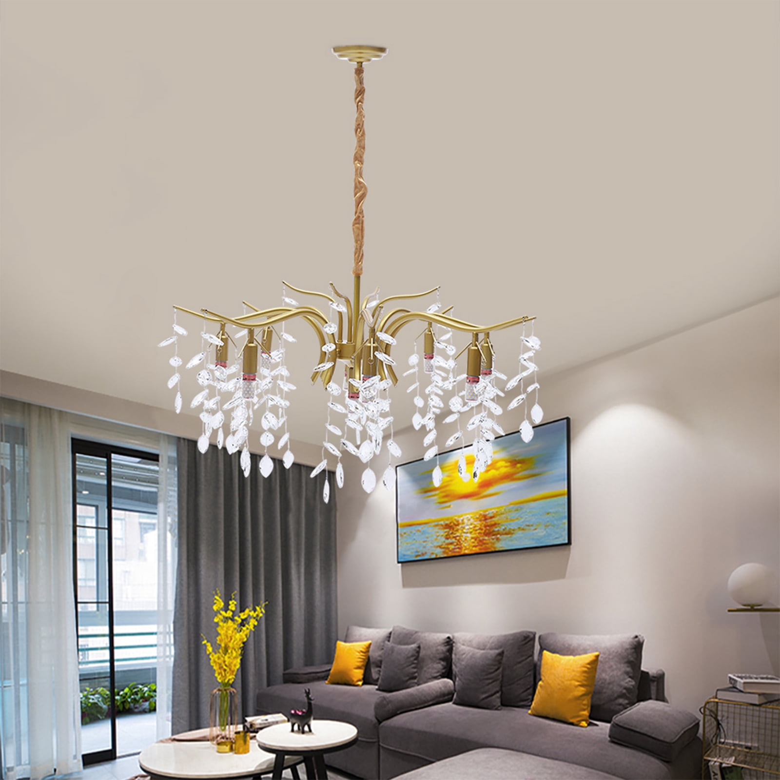 ANQIDI 35.43" Modern Crystal Chandelier Gold Dimmable Pendant Light 8+1 Heads Leaf Shape Hanging Lamp AC110-220V