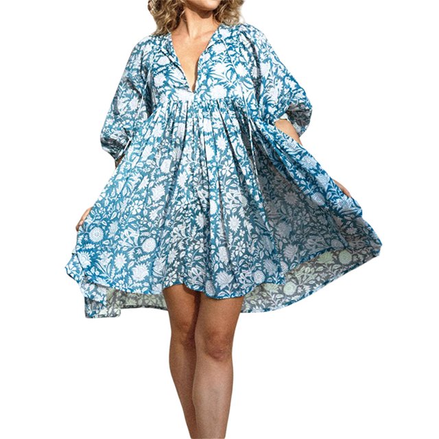 Kmbangi Femmes Robes d'Été 2023 Demi-Manches Laçage Imprimé Floral Plissé en Vrac Robe de Plage Décontractée S-XL