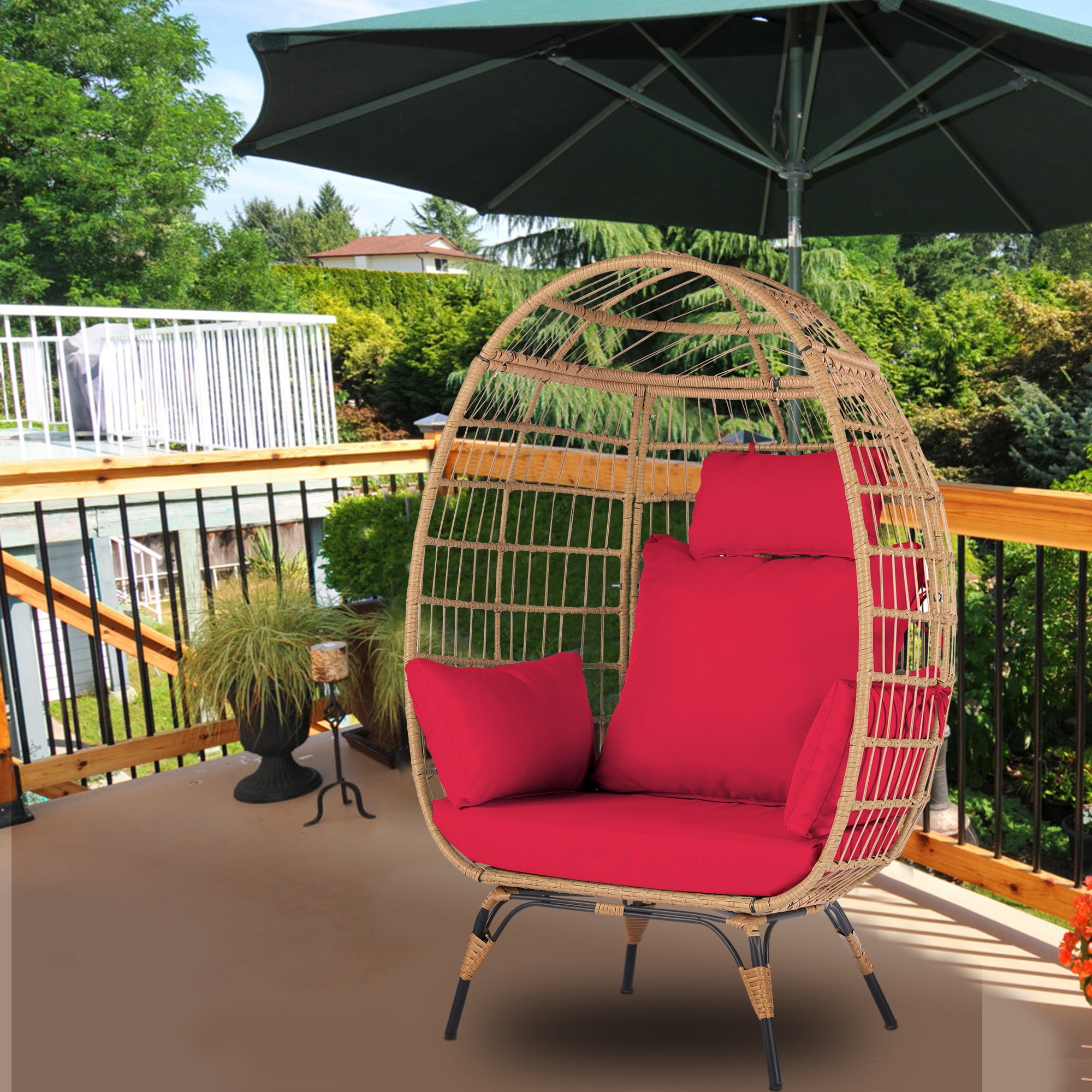 Outdoor Stationary Egg Chair, Wicker Egg Swing Chair with Red Cushions