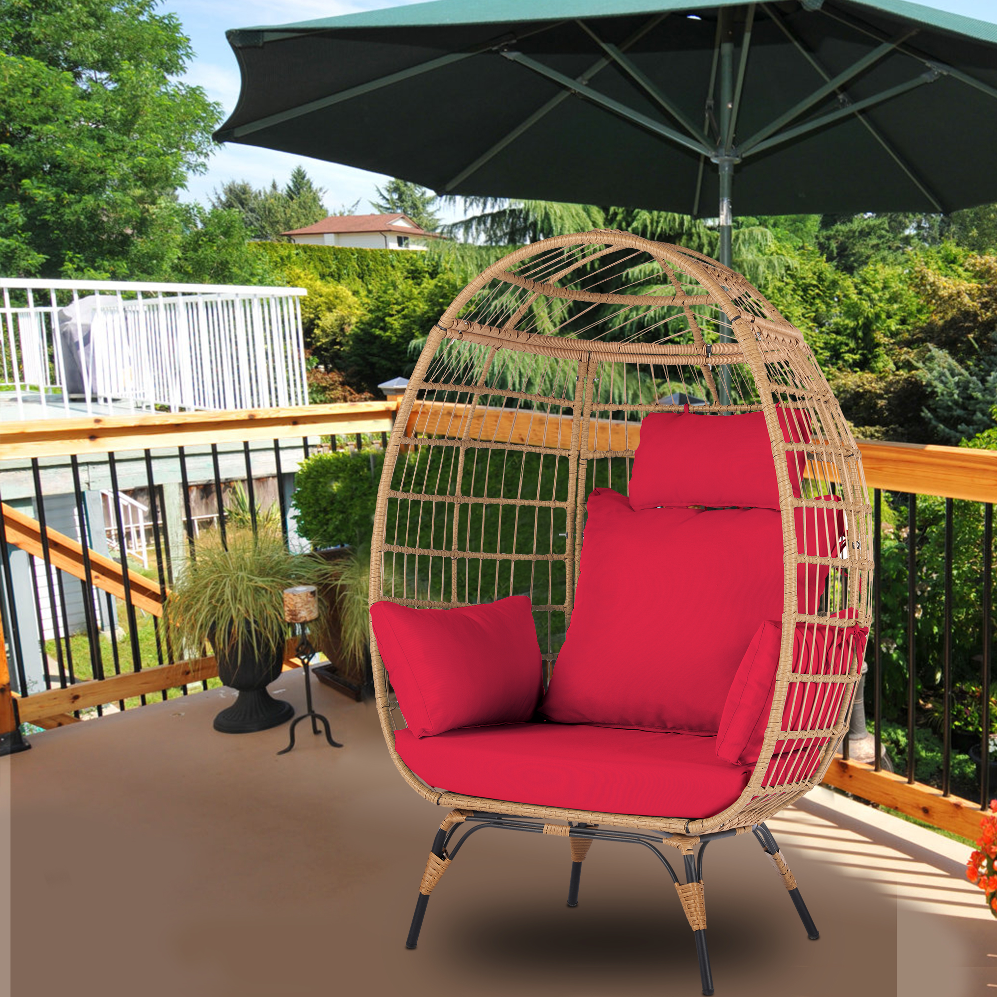 Outdoor Stationary Egg Chair, Wicker Egg Swing Chair with Red Cushions for Patio, Garden, Backyard, Rattan Standing Egg Chair - image 1 of 10