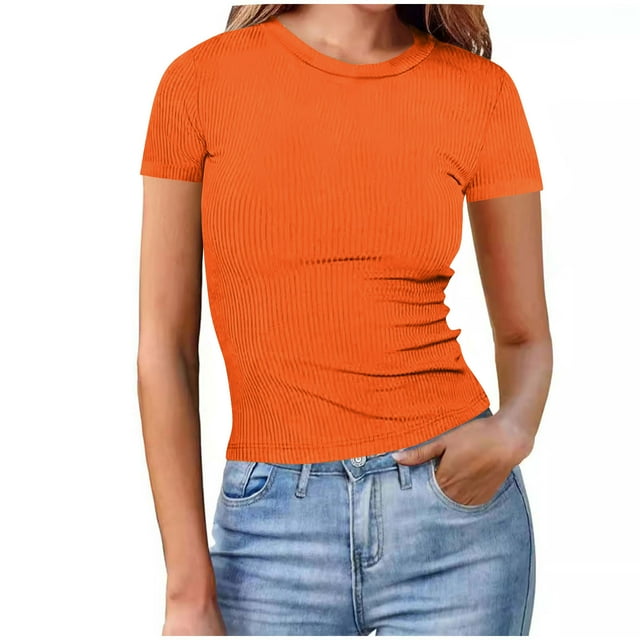 VSSSJ Hauts à Manches Courtes pour Femmes Extensible Ajusté Col Rond Tee-Shirt Côtelé Basique Couleur Unie Respirant Chemises d'Été Orange G