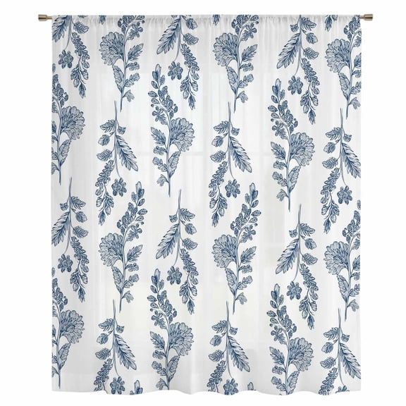 Blue Botanical Sheer Curtains 96 Inches Long, Pastoral Elegant Spring Floral Light Filering Curtains, Privacy Drapes Simi Floor to Veiling Curtain for Living Room Bedroom Large Window Treatment