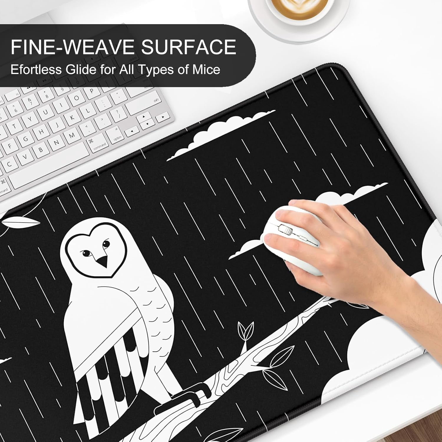 Ultra Large Gaming Mousepad, XXL Extended Full Size Desktop Matt for Keyboard, Laptop & Computer, 35.5 x 15.7 in, Gothic Black White Owl