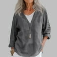 thumbnail image 2 of lcziwo Long Sleeve Shirts for Women Loose Fit Cotton Linen Beach Tops Solid Color Dressy Casual V Neck Pulllover Blouse Vacation Outfits Gifts for Mom Dark Gray S, 2 of 6