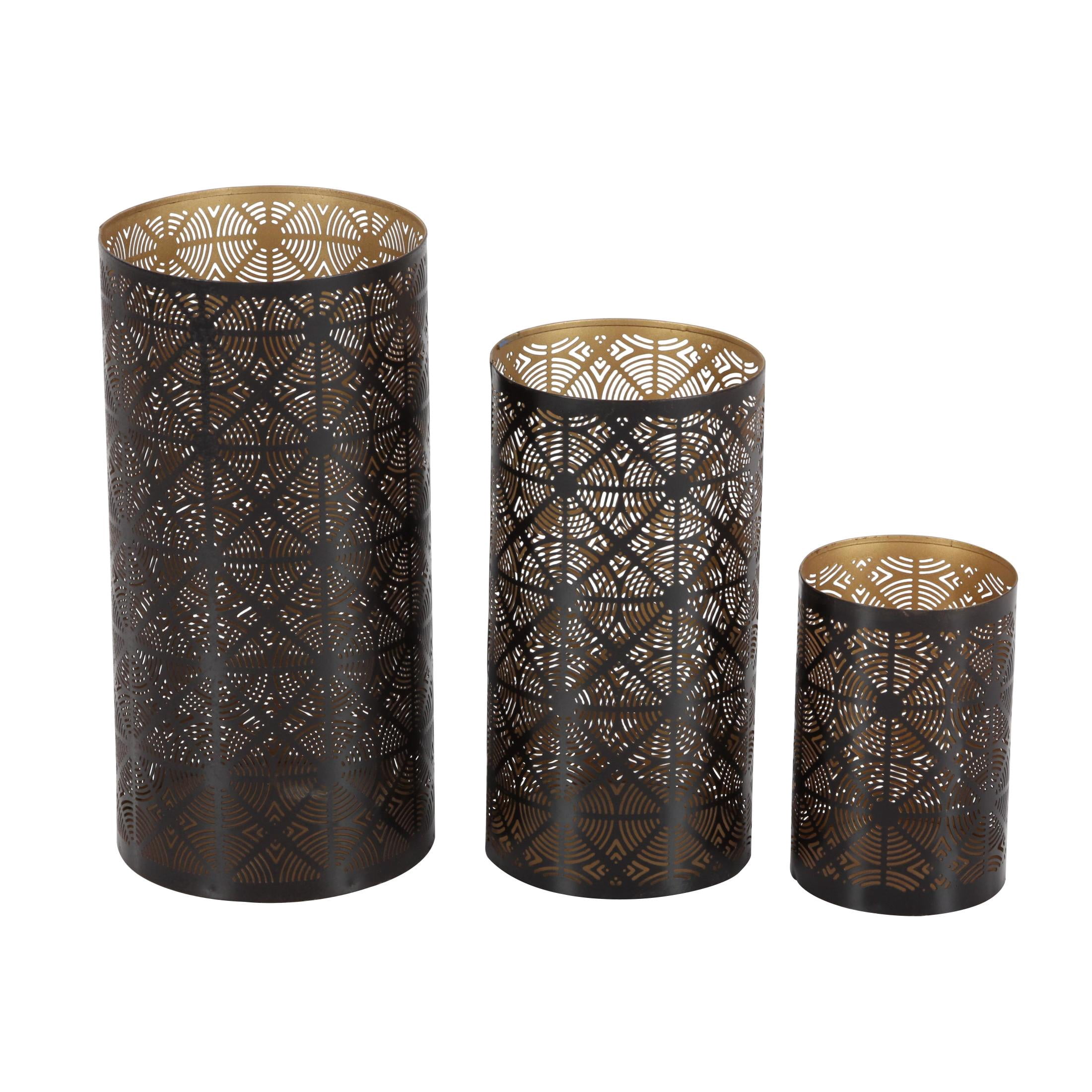 DecMode 3 Holder Dark Brown Metal Geometric Decorative Candle Lantern, Set of 3