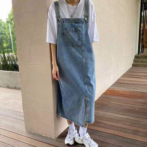 Gamivast Overall Dress for Women Denim Jean Sleeveless Midi Dress With Pockets Front Slit Style Casual Summer Outfits Streetwear Fashion Jumper Dress