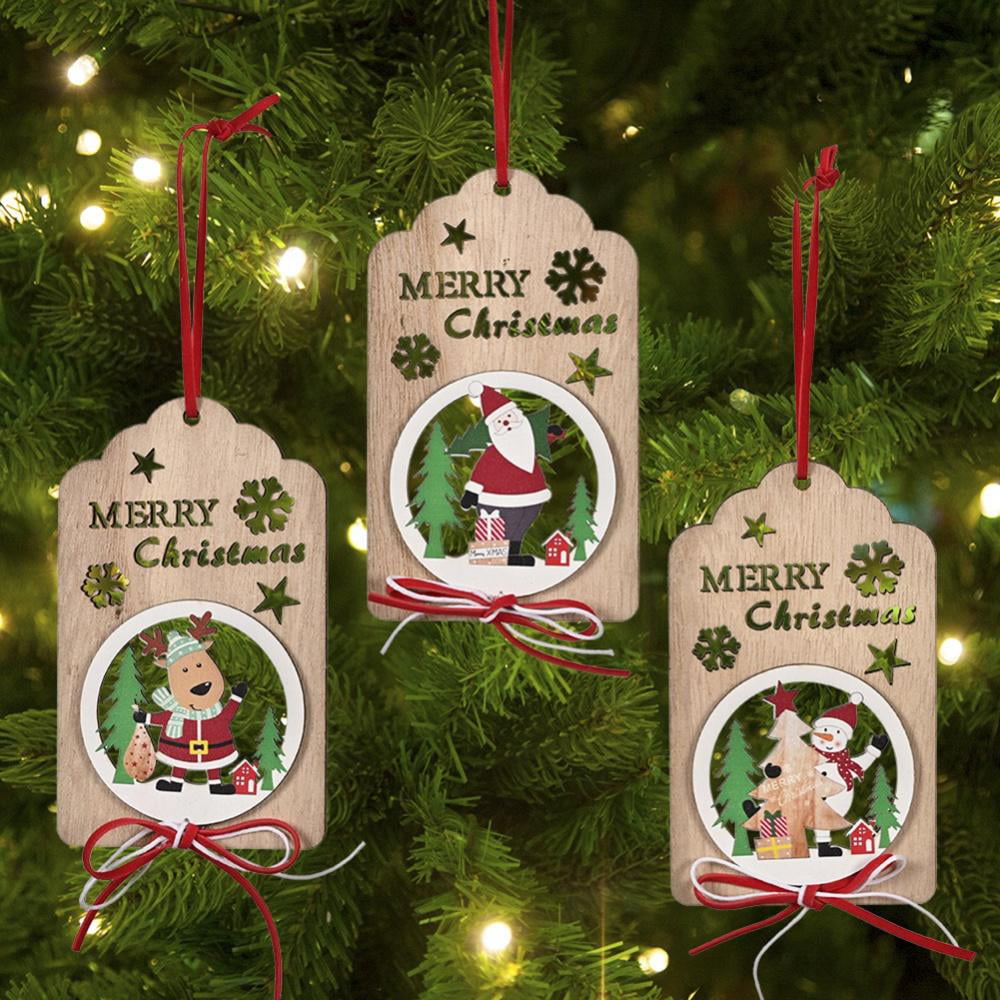 A Car 3Pcs Christmas Wooden Ornaments Cute Christmas Hanging Ornaments Pendant Christmas Decoration Wooden Tree Ornaments with Strings Wood Hanging Ornament for Christmas