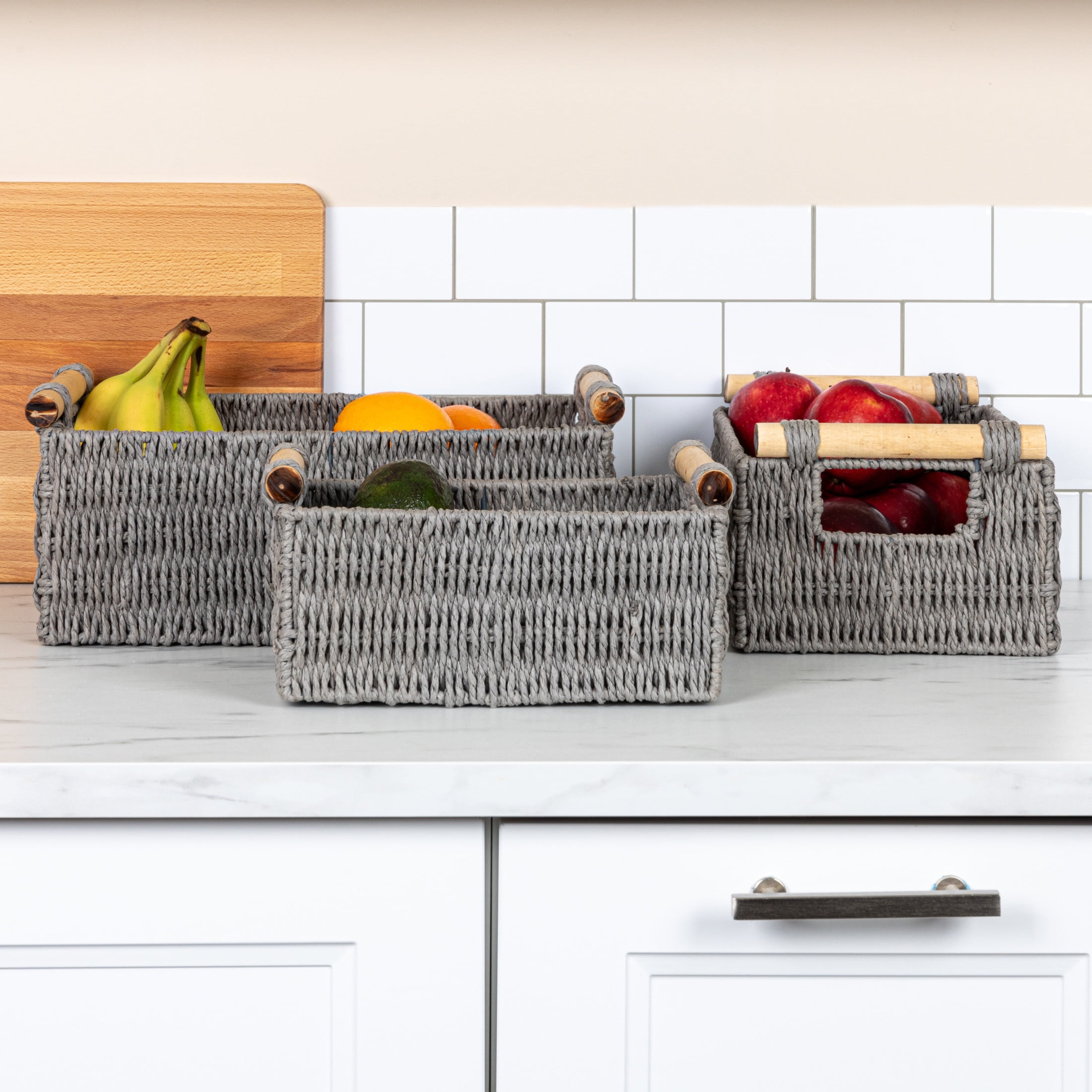 Household Essentials Decorative Woven Baskets, Set of 3, Paper Rope with Wood Handles, Sturdy Metal Frame, Small, Medium and Large, Grey