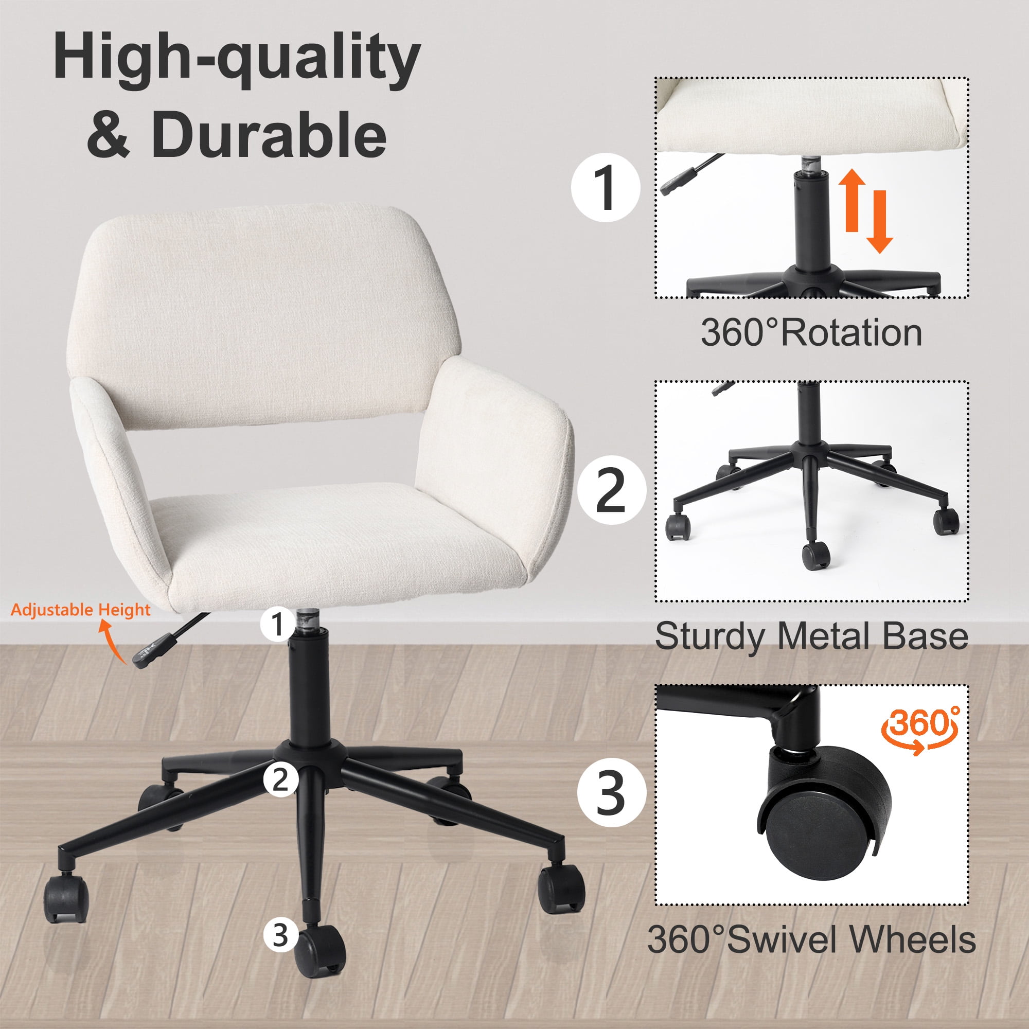 Homy Casa Modern Upholstered Makeup Desk Chair with Adjustable Height Armrests for Vanity Bedroom, Beige Fabric