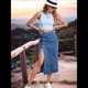 thumbnail image 4 of Falda Vaquera Midi Informal con Abertura para Mujer, Elástica, de Cintura Alta, Deshilachada y Abotonada Azul Medio M, 4 of 9