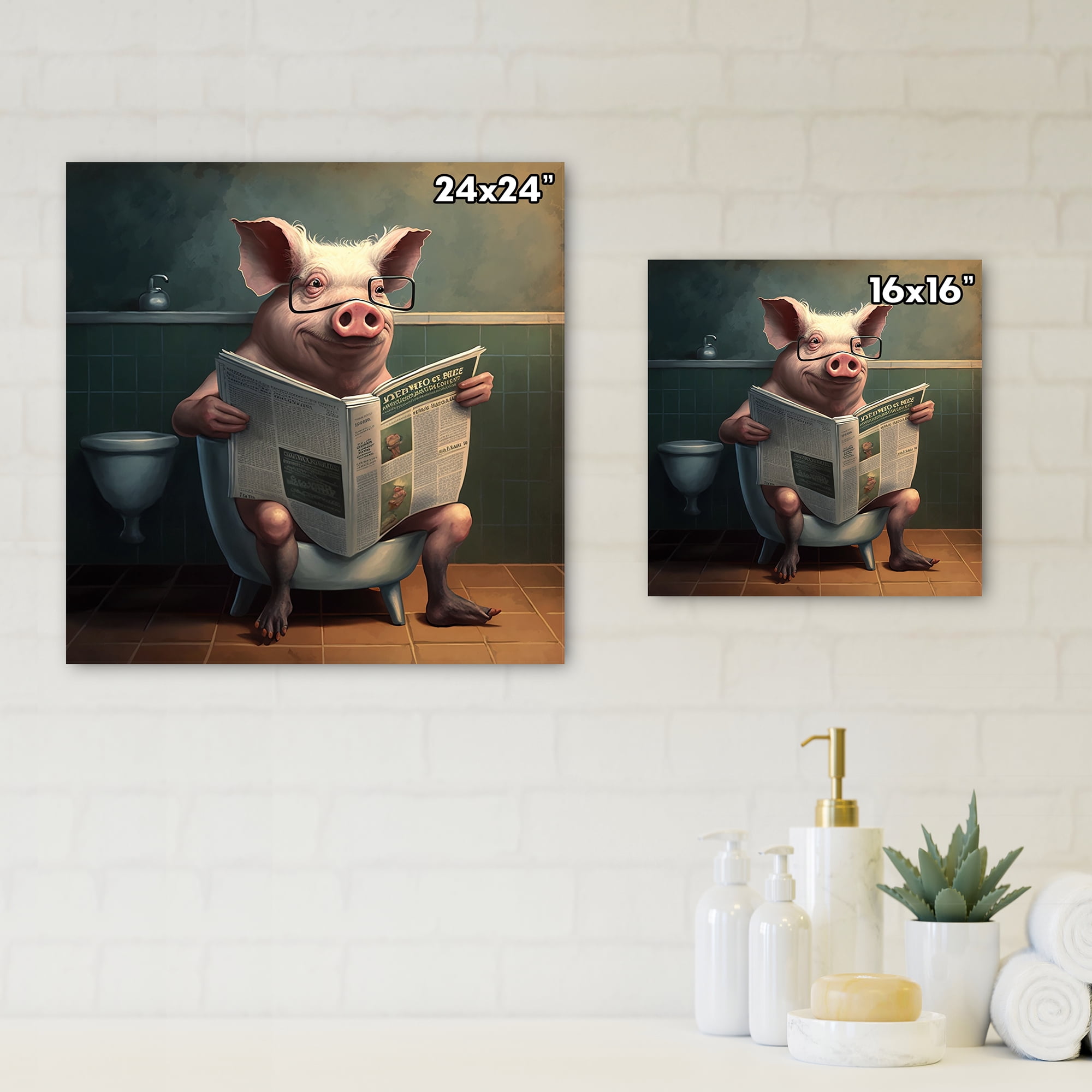 Designart Pig On Toilet Reading News Canvas Wall Art