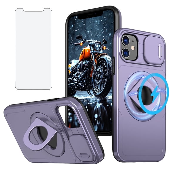 Asuwish Camera Cover, Ring Holder Rugged Cell Phone Case with Tempered Glass Screen Protector for iPhone 12 and iPhone 12 Pro, Purple