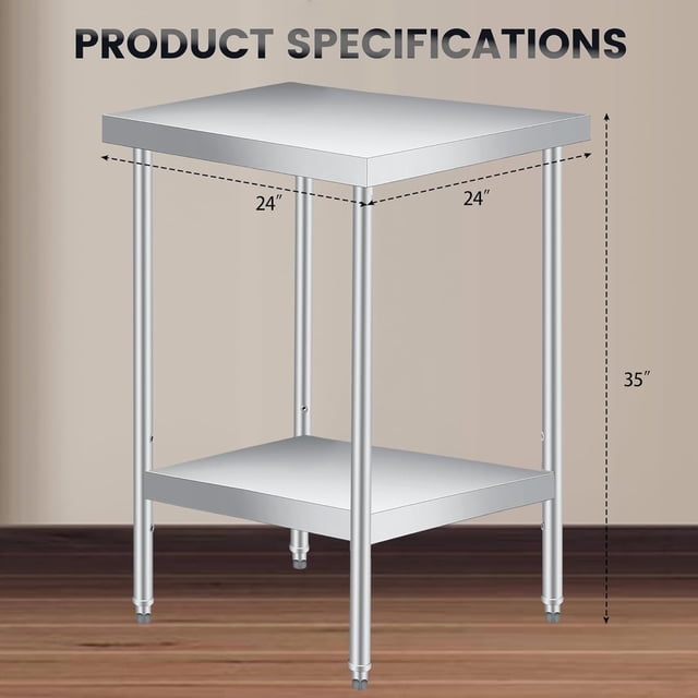 Eastvita Table de Préparation en Acier Inoxydable 24 Pouces x 24 Pouces avec Tablette Inférieure Réglable - Table Commerciale Robuste pour Usage Extérieur dans les Restaurants, Hôtels, etc.