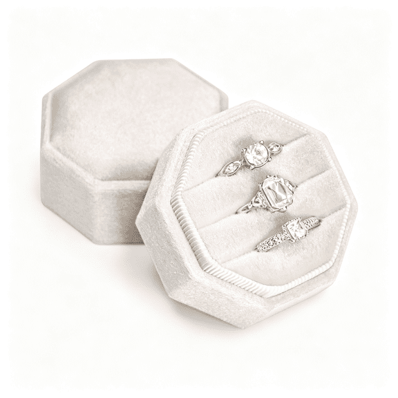 DESIGNICE Velvet Rings Box 3 Slots Rings Gift Box Jewelry Ring Display Holder Case for Proposal Engagement Wedding Ceremony 3 Slots Octagon Elegant Display Ring Box Wedding Day (Beige)