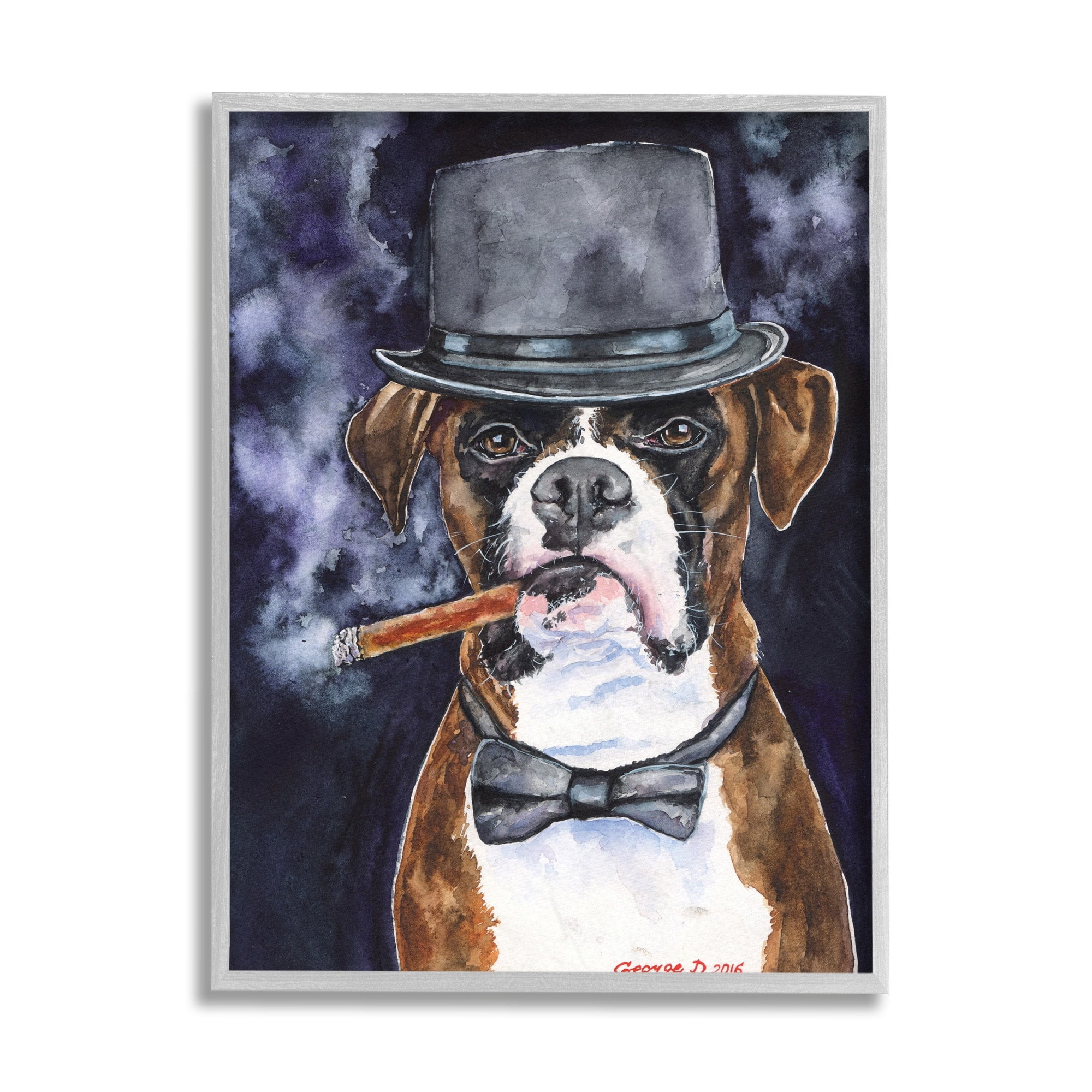 Stupell Industries Sophisticated Boxer Dog Portrait Top Hat Pet Grey Framed, 11 x 14, Design by George Dyachenko