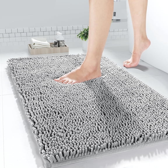 Non Slip Chenille Bath Mat, Thick Extra Soft Bathroom Mat, 24" x 16" Super Absorbent Fluffy Bath Mats for Bathroom, Machine-Washable Quick Dry Bath Rug for Bathroom, Shower, and Tub, Grey