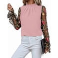 thumbnail image 3 of Women'S Floral Embroidery Mesh Mock Neck Flare Long Sleeve Blouse Top Pink XL, 3 of 9