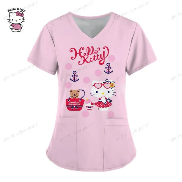 Uniforme de enfermera con estampado de Hello Kitty para mujer, Blusa de manga corta con dibujos animados para trabajo, uniforme médico, Top Y2K