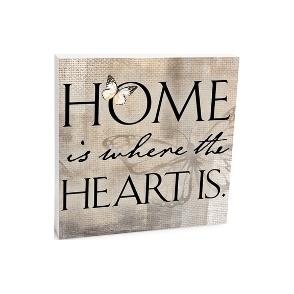 Home Where Heart Is Cream Butterfly 10 x 10 Wood Tabletop Sign Plaque