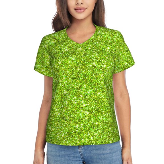 Vsdgher Lime green glitter Women Shirts V Neck Short Sleeve Tops T-Shirt Basic Tees, S to 3XLSmall